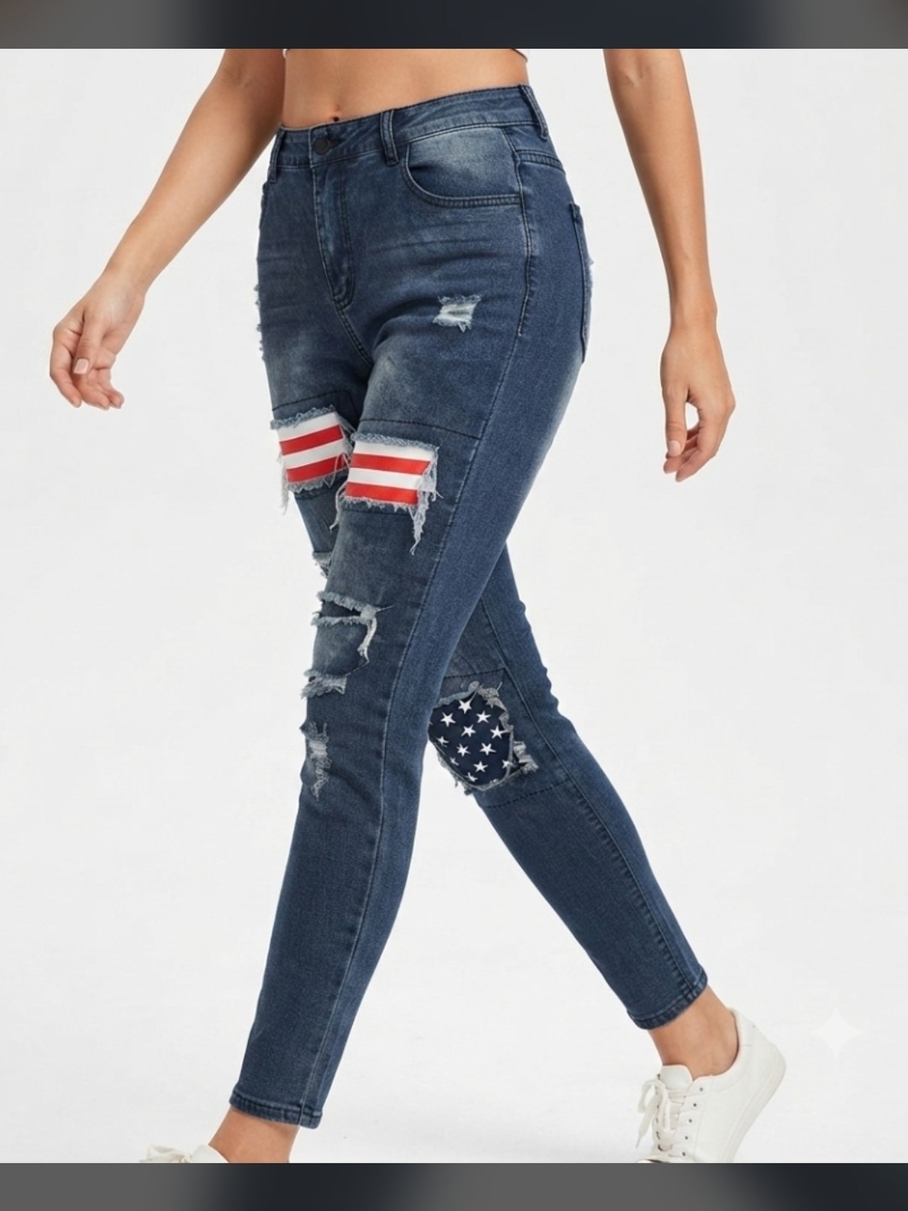 Straight Leg Distressed Jeans with Flag Patch - Dark Blue US-14
